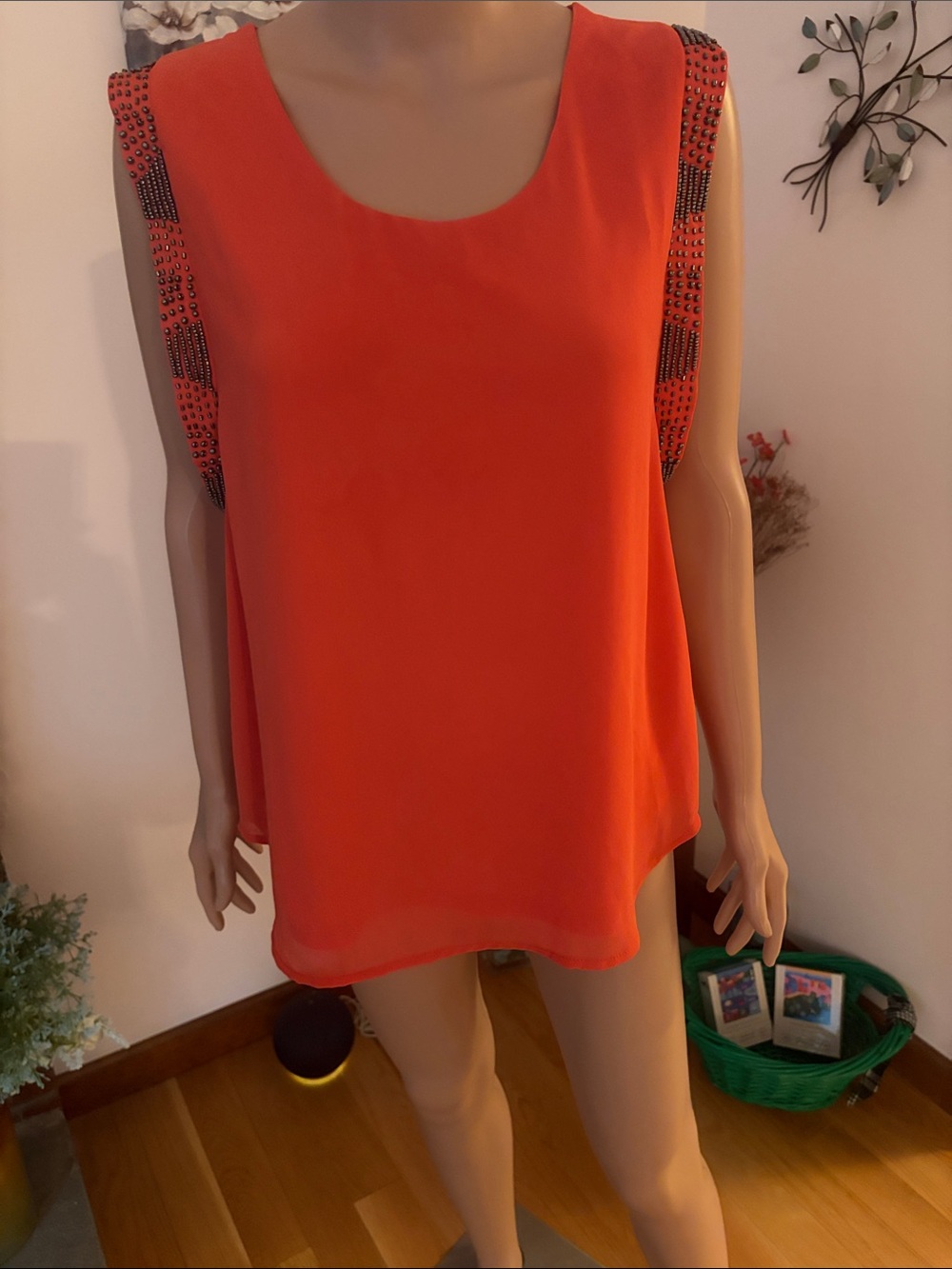 Annalee Bright Orange Beaded Shoulder Tank